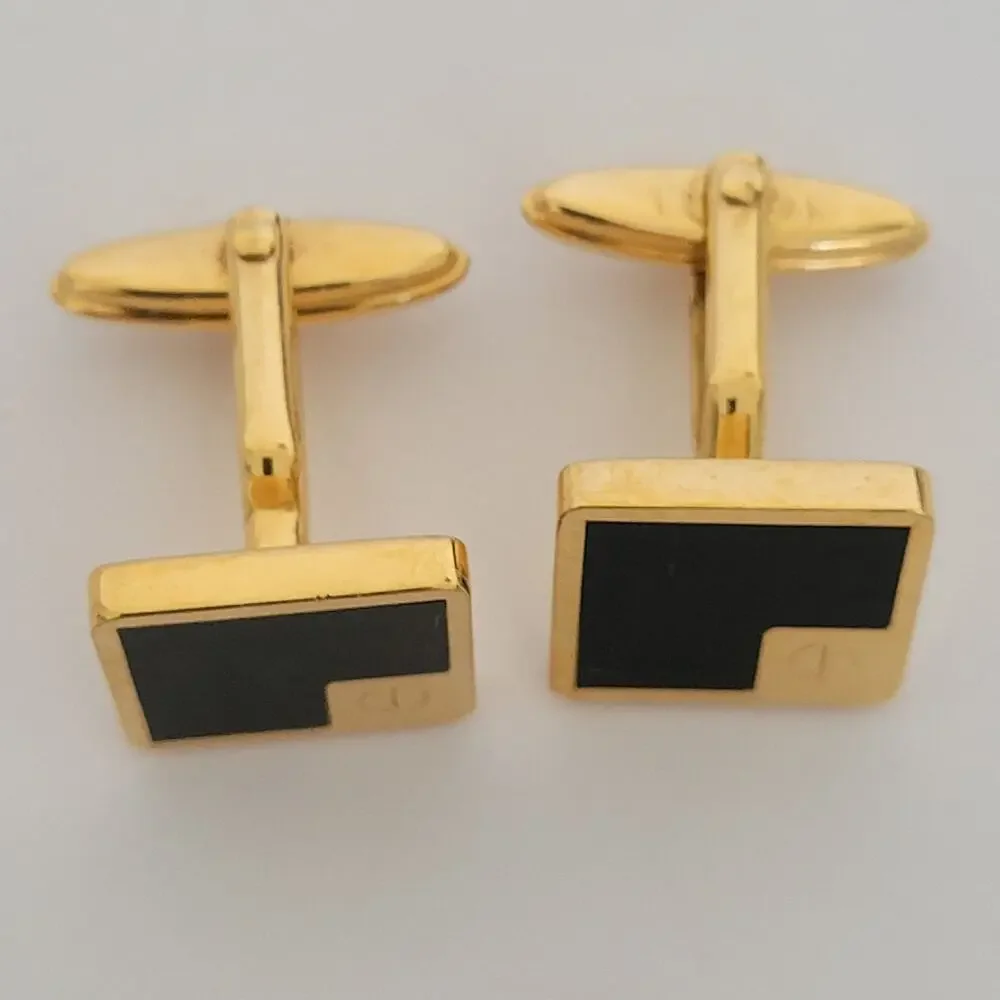 Dunhill D Cufflinks Gold Onyx Black Tone Logo Square Designer Logo Vintage Retro